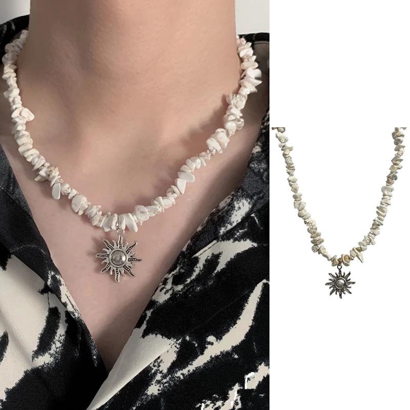 Retro Hip Hop Ethnic Style Sun Pendant Necklace Beaded Collarbone Chain For Women Neck Decor Accessories Gift