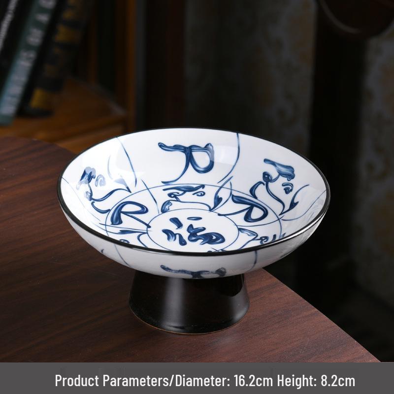 Porcelain Tall-Footed Blue & White Fruit Bowl: Tea Table Plate for Melon Seeds, Pastries, Snacks & Dried Fruits