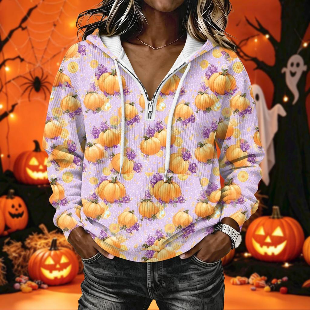 Women's Long Sleeve Halloween Print Pullover Hoodie Sweatshirt with