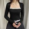Women's Spring Autumn Fitted Tops Long Sleeve Square Neck Lace Trim Slim Fit T-shirt