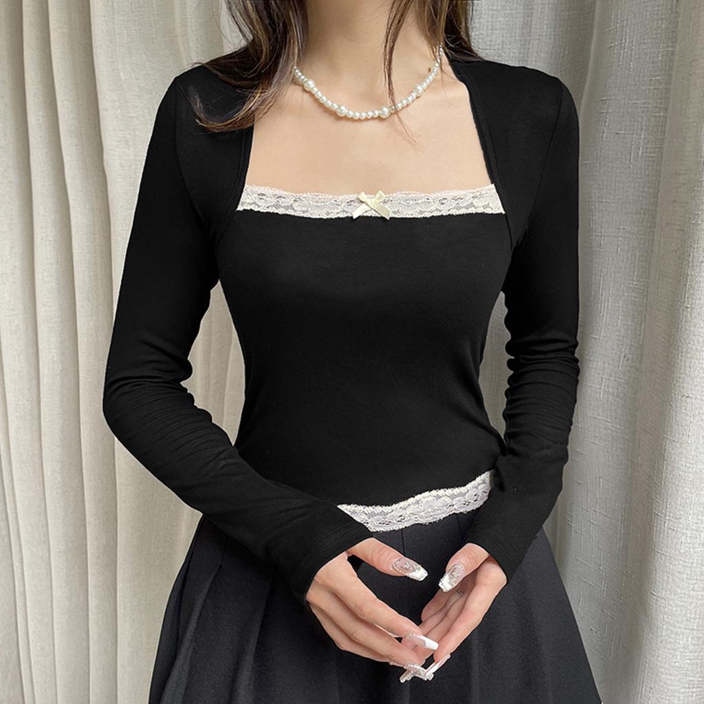Women's Spring Autumn Fitted Tops Long Sleeve Square Neck Lace Trim Slim Fit T-shirt
