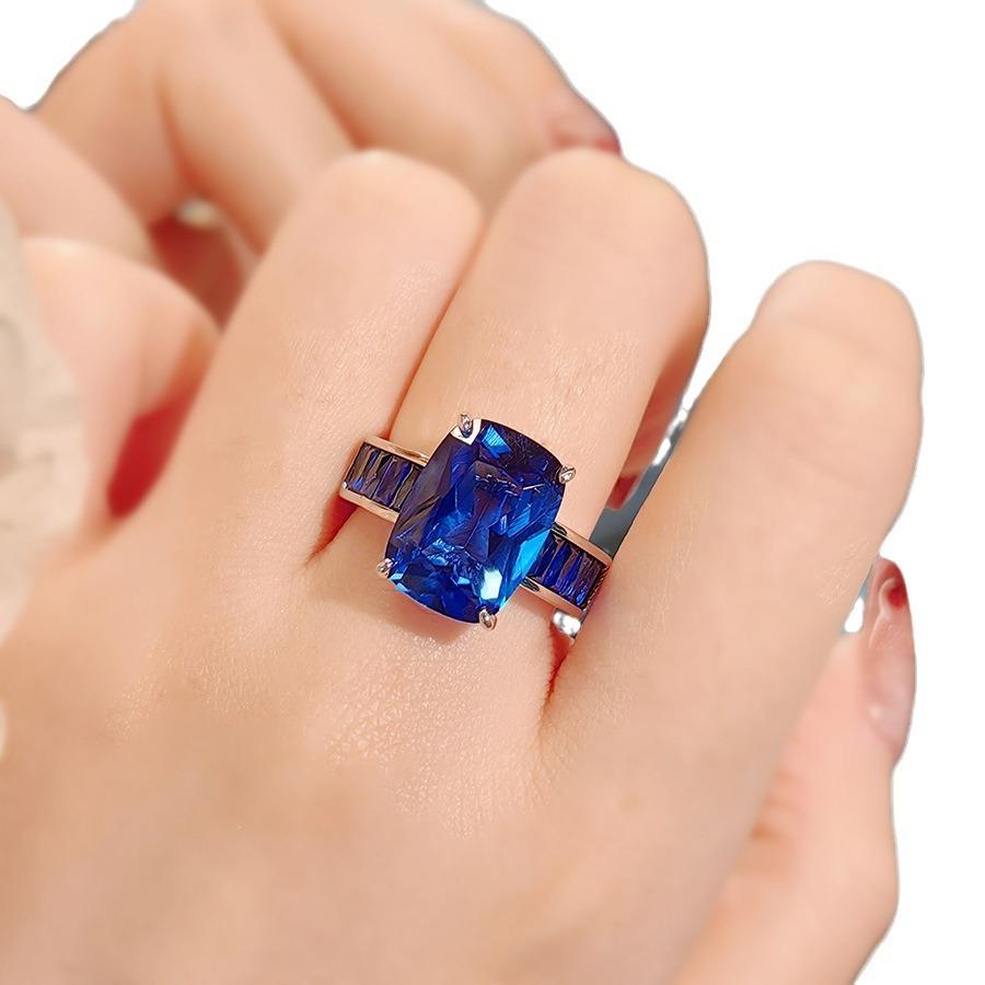 Rectangle Glitter Diamond Ring Women'S High-End Elegant Pink Crystal High Carbon Diamond Imitation Spinel Blue Women'S Ring