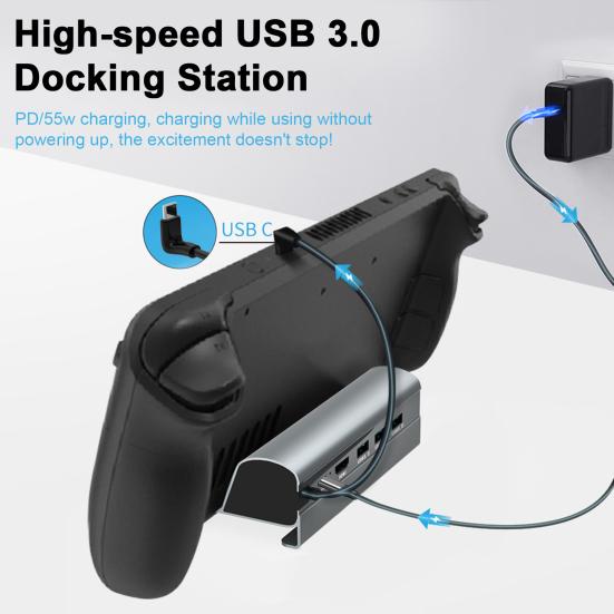 

Док-станция 6-в-1 для Steam Deck 4K @ 60 Гц Gigabit Ethernet 1000 Мбит/с Концентратор PD 60 Вт HDMI-совместимый USB 3.0 Подставка для игровой консоли Аксессуары для коммутатора