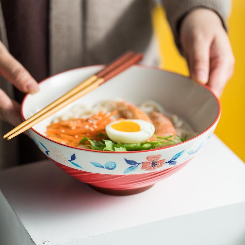 8 Zoll Handbemalte Florale Ramen Servierschüssel Keramik Groß Salatschüssel Suppenschüssel Müslischüssel Instant Nudelschüssel Mikrowellengeeignet 1100ml