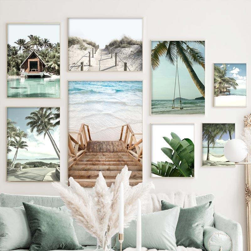 Tropical Beach Ocean Poster Palm Tree Banana Leaves Wall Art Canvas Painting Bridge Summer Seascape Picture For Home Decor