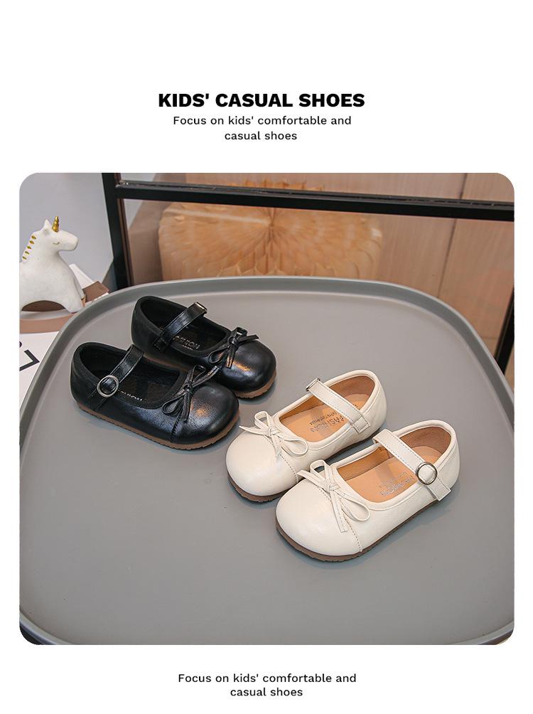 Girls' Bow Princess Shoes - 2026 Spring/Autumn Korean Style, Cute Leather with Magic Strap