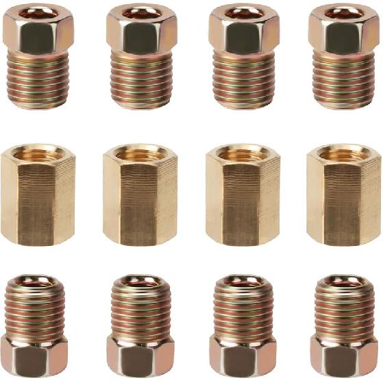 1/4 Zoll Bremsleitungsdruckverschraubungen, 12 Stück 7/16 Zoll-24 Gewinde Messing Bremsleitungsverschraubungs-Sortiment Für 1/4 Zoll Bremsleitungsrohr (4 Muttern, 8 Schrauben)