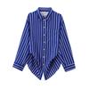 Stile europeo e americano, nuovi abiti da donna, manica a pipistrello versatile alla moda, camicia a maniche lunghe a righe con colletto blu.