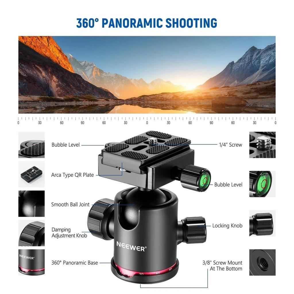 NEEWER N55CR - 205 Cm Carbon Fiber Travel Tripod, New Camera Tripod with 2-Section Center Column, 360° Panoramic Ball Head