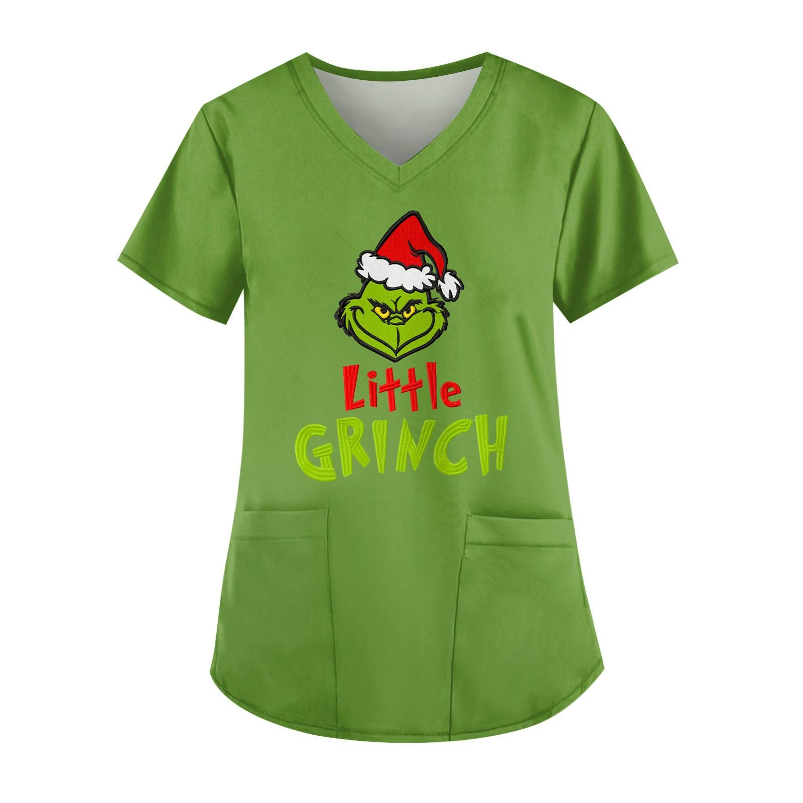 

Women s Cute Printed Work Clothes V-neck Double Layer Pockets Basic Short Sleeve Top Pullover Christmas M