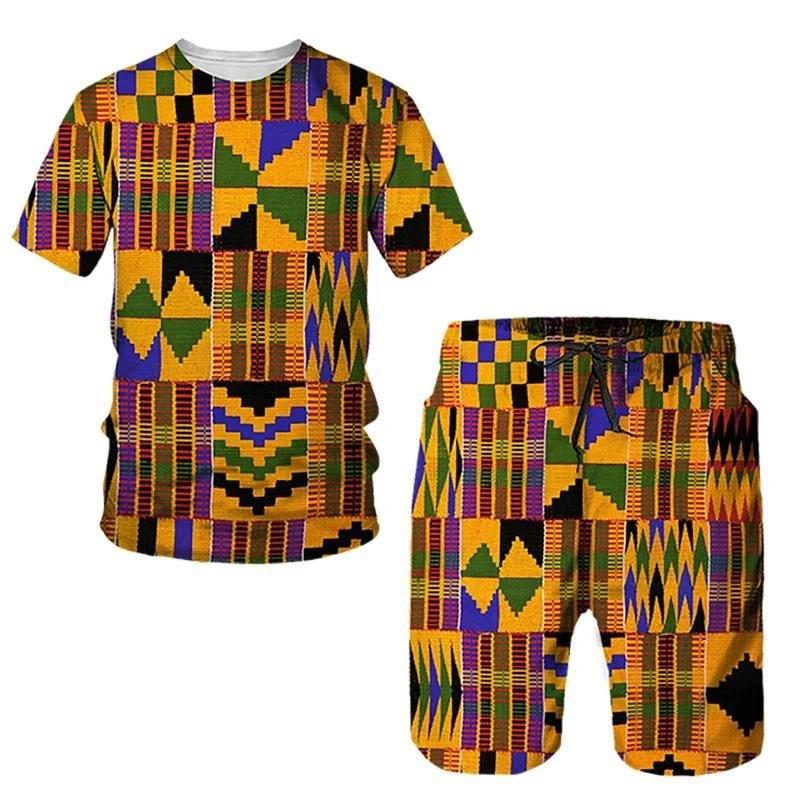 summer men's sportswear with African ethnic style 3D printed T-shirt shorts set casual short sleeve round neck T-shirt