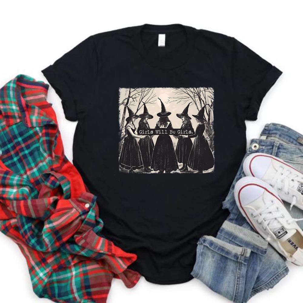 Vintage Girls Will Be Girls Witch Shirt Funny Witch Shirts Tees Halloween Women Clothes Witchy Vibes Graphic T Shirts