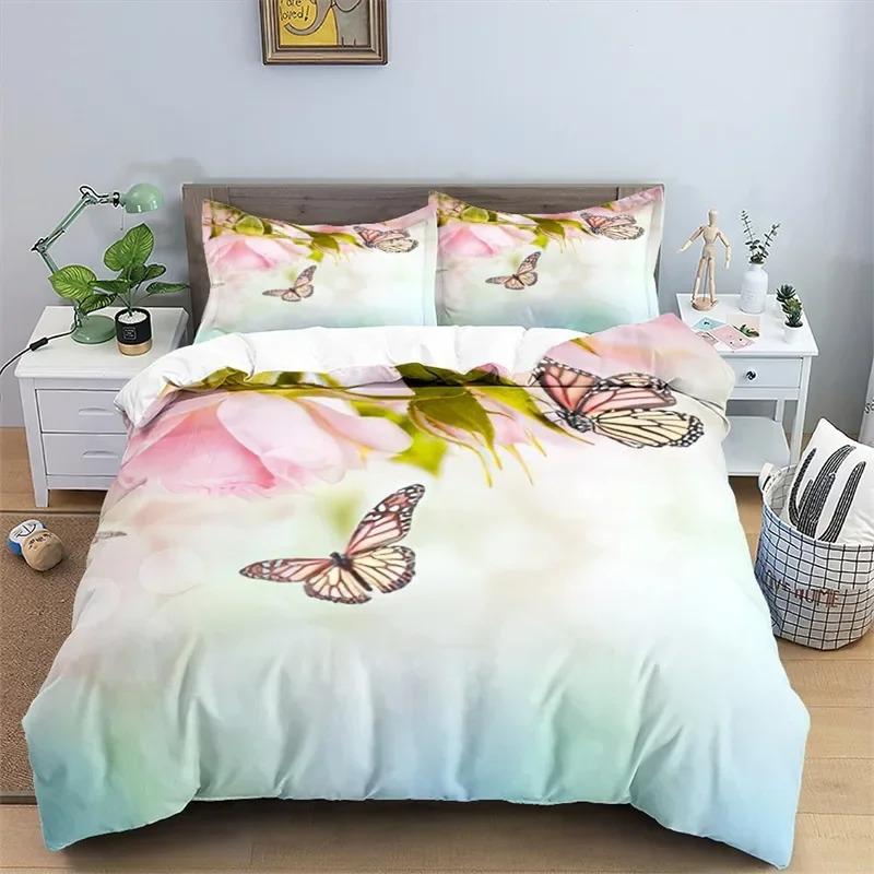Soft Butterfly Floral Duvet Cover Queen Size For Adults Kids Girls Teens Bedroom Decor Flowers 3D Print Bedding Set Pillowcases