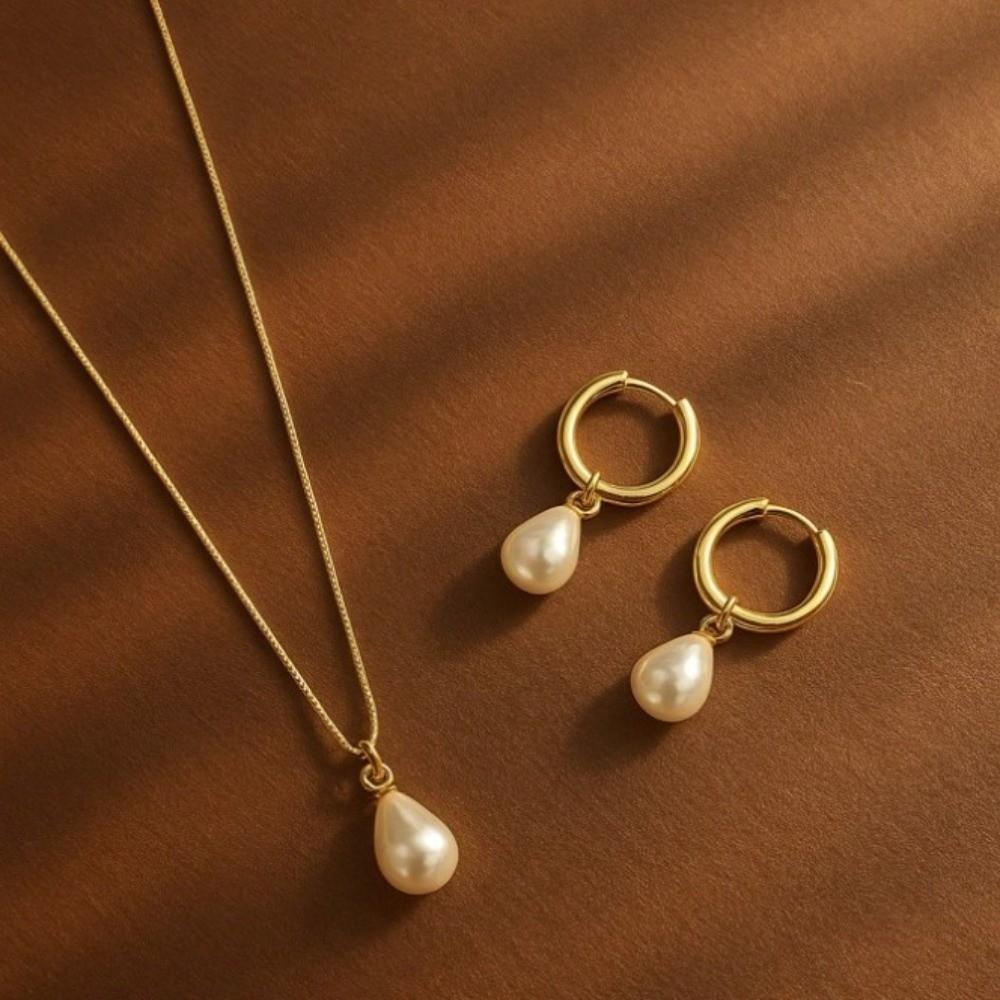 Imitation Pearl Pearl Necklace Set Waterproof Two Piece Jewelry Set For Women