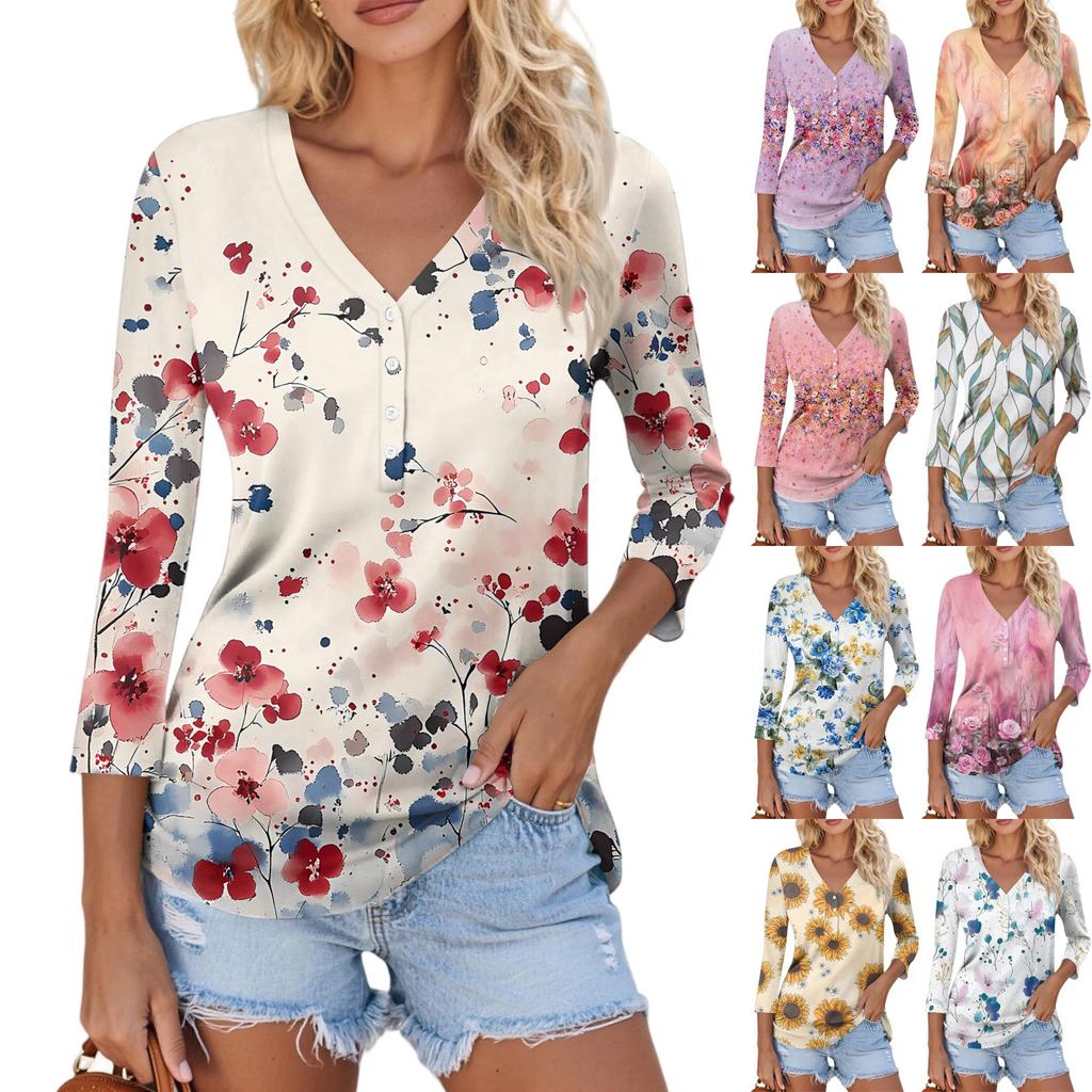 Women's Casual Fashion Sexy Comfortable V-Neck Button Floral Three-quarter Sleeve Top