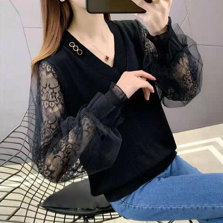 Hollow Out Ice Silk Knitted Shirt Women Spring 2023 New Lace Mesh Splice Underlay V-Neck Solid Long Sleeve Pullover Female Top