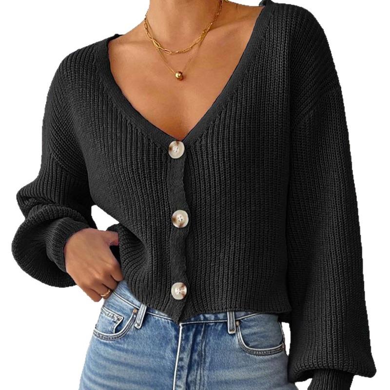 New Autumn and Winter Solid Color Button Cardigan Deep V Short Loose Jacket Casual Top
