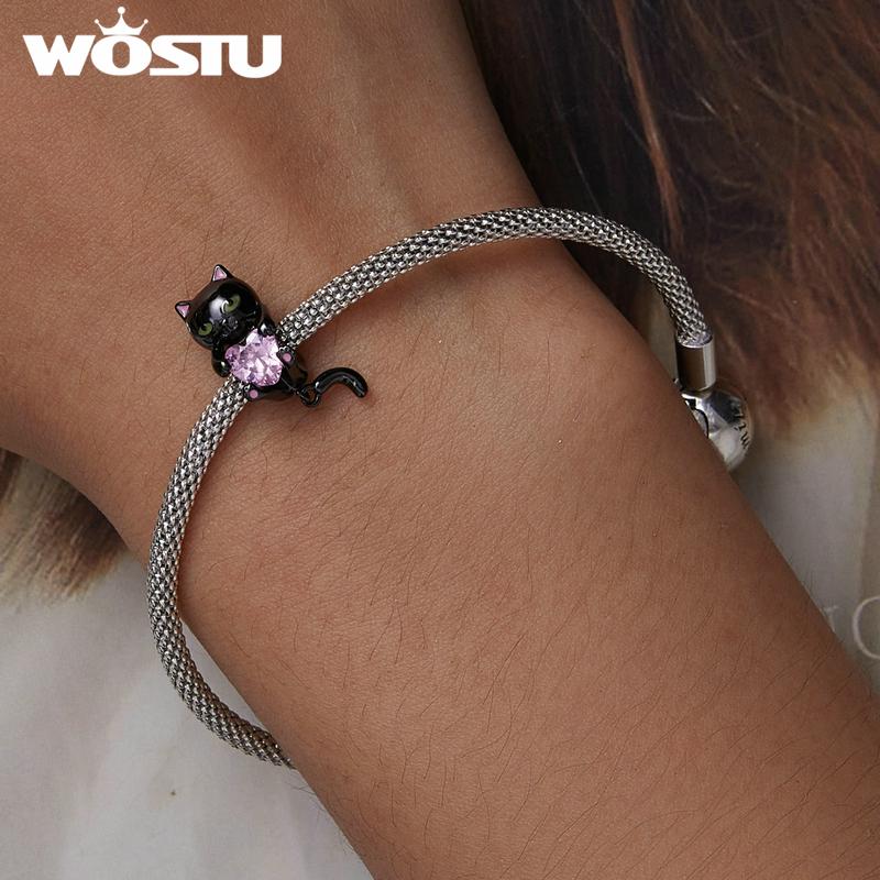 WOSTU 925 Sterling Sølv Søt Liten Svart Cat Charms Perler Rosa Hjerte Zircon For Women Passer Originalt DIY armbånd Smykkegaver