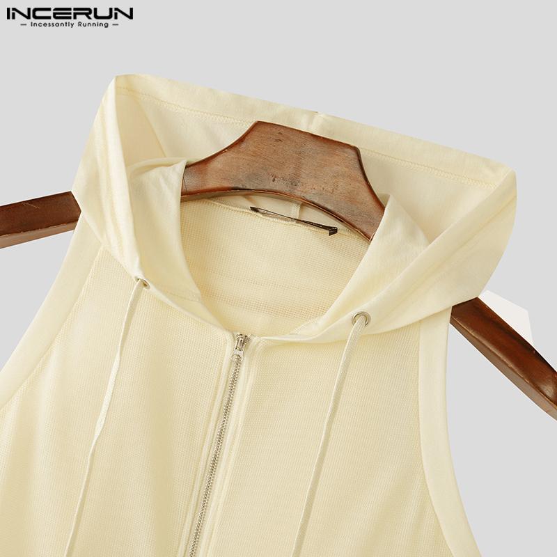 INCERUN Men Summer Sleeveless Zipper Back Mesh Patchwork Fitted Hooded Tank Tops 