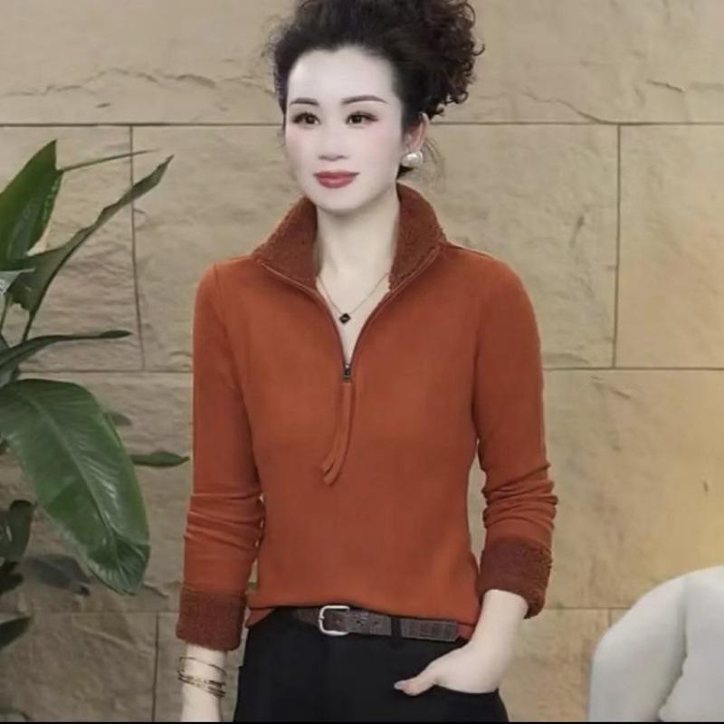 Winter Velvet Long Sleeve Zipper Top - Versatile and Warm for Middle-Aged Women