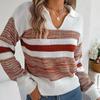 Sweater Women Casual Collar Polo Long Sleeve Knit Pullover Contrast Stripe Autumn Winter