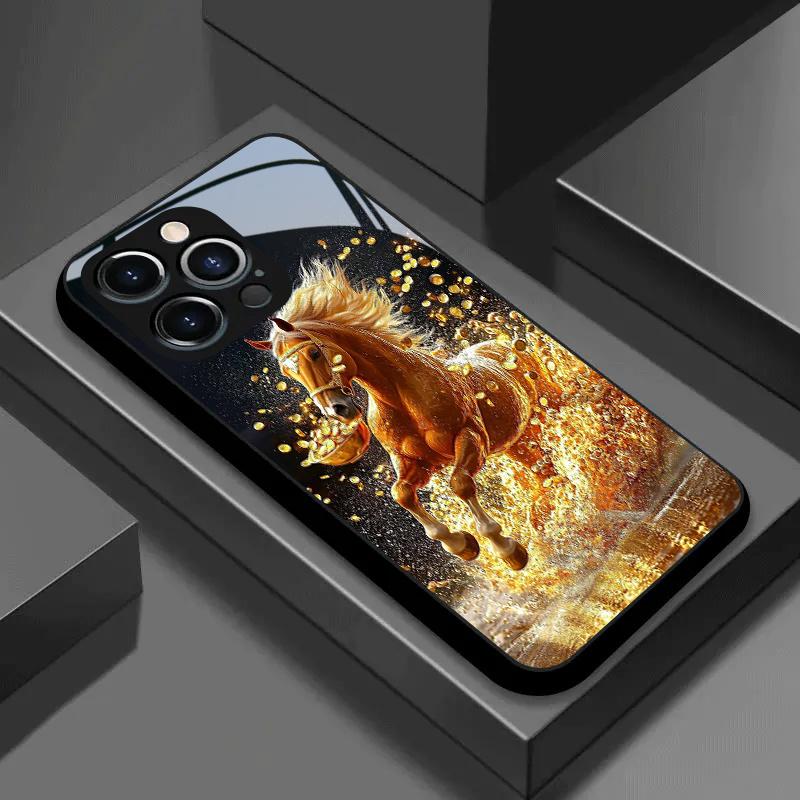 Golden Horse Delivering Wealth Features Glass phone Case for iphone 17 Air 16 15 14 13 12 11 Pro Max Plus Hard-shell