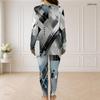 Women Plus Size Front Zip Long Sleeve Printed Longline Top Fitted Pants Two Piece Set