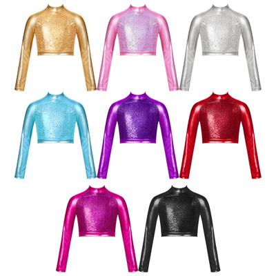 Kinder Mädchen Glitzer Pailletten Ballett Jazz Modern Hip Hop Dance Crop Top Rollkragen Langarm Dancewear