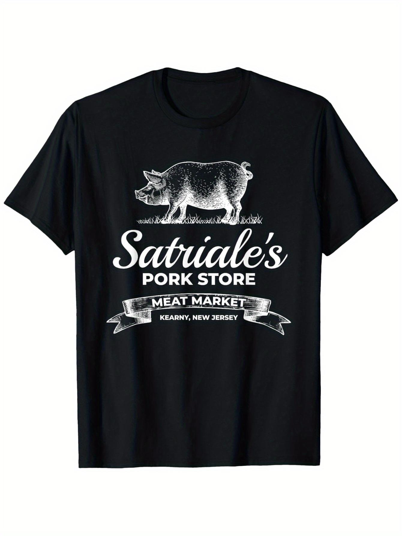 Satriale s Pork Store Meat Market Kearny NJ Graphic T-shirt - Black with White Pig & Vintage Sign Print S