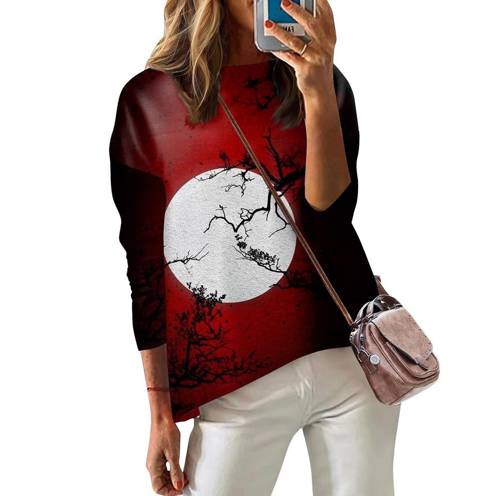 Damen T-Shirt Bedruckt Langarm Alltagsmode Wochenende Überschnittene Schulter Rundhals Top Bluse