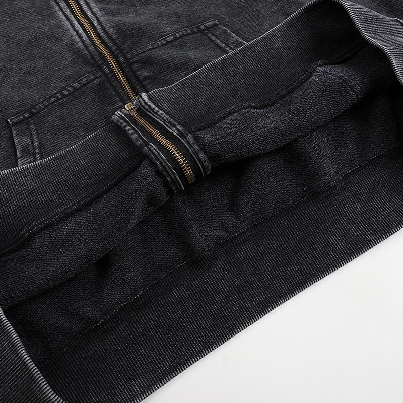 Oversized 350g Cotton Distressed Zip-Up Hoodie - Large, Drop Shoulder, Retro Washed Terry Cardigan