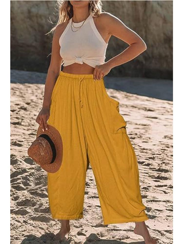 

Women s Casual Wide Leg Pants with Stripes and Drawstring Waist XXXL жовтий