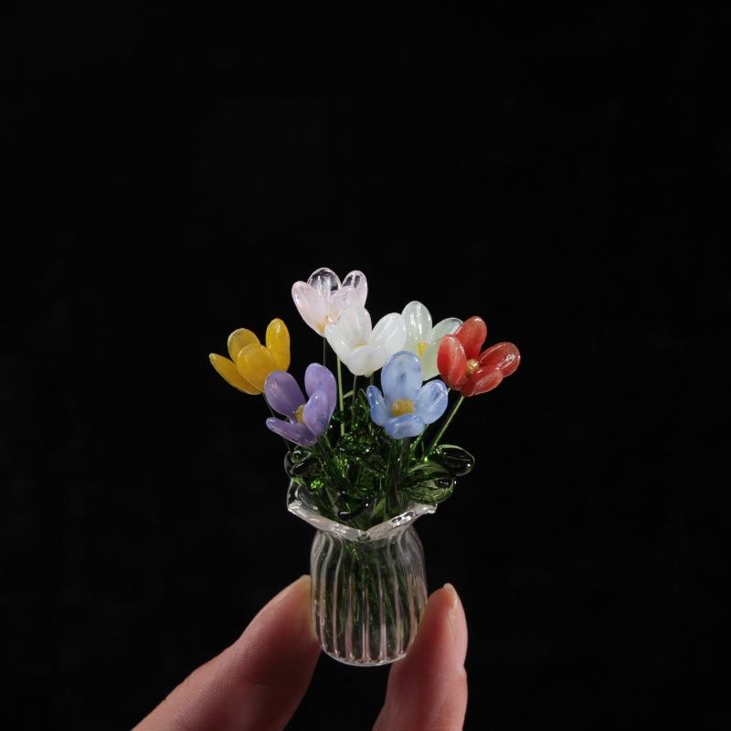 6/7Pcs Mini Lifelike Glass Flowers Simulation Flowers Handcrafted Floral Sculpture Floral Bouquet With Vase Home Decoration Gift