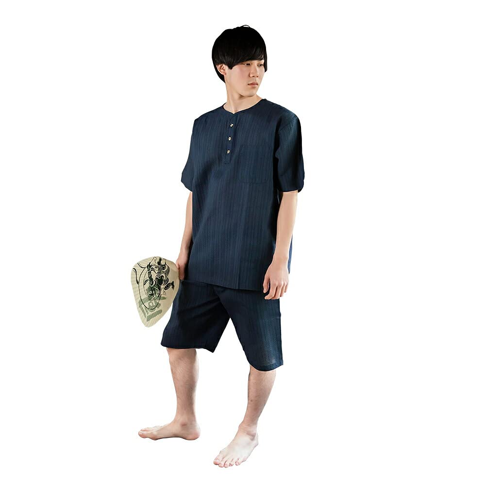 

KIMONOMACHI Хенли Темно-синий Размер Идеальный подарок на День или День пожилых людей Мужской хлопково-льняной джинбей, Воротник, Полоска, L, Отцовский