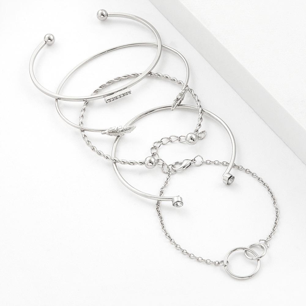 European Rhinestone Leaf & Bar Bracelet Set: Five-Piece Twisted Circle Design