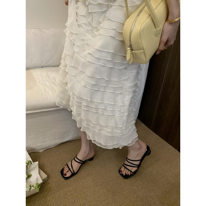 Thick heel square head leaking toes small cool slippers fairy wear versatile temperament thin belt sandals