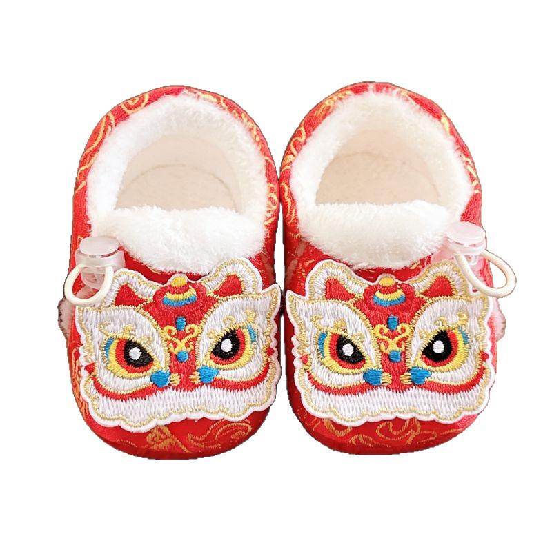 Tiger Head Baby Shoes: Red National Style, Velvet-Lined, Warm, Ideal for 100 Days to One Year Old