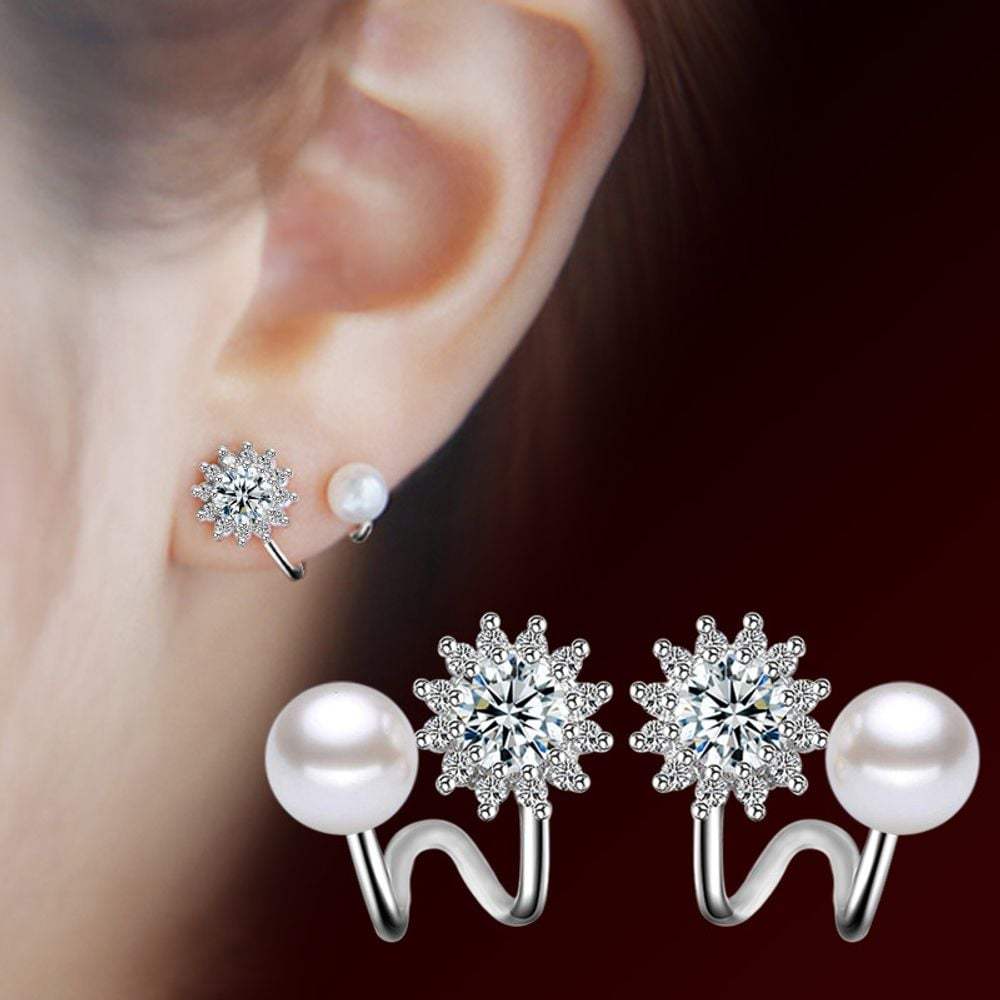 Aaa Zirconia Shell Pearl Cubic Clip-on Double Earrings