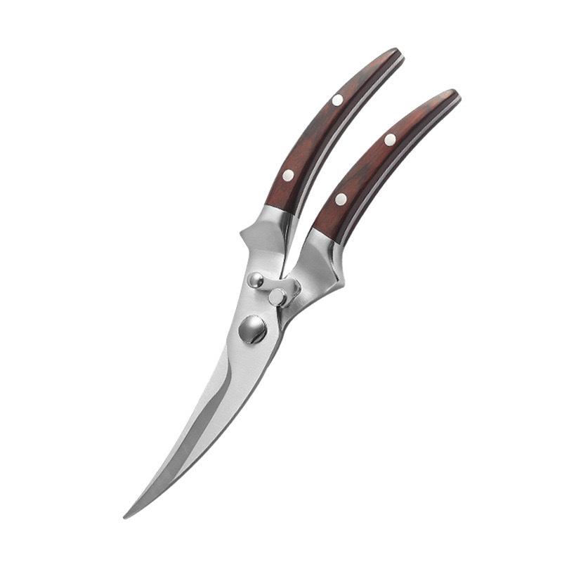 All-Steel Stainless Kitchen Scissors with Wooden Handle - Powerful, Multifunctional, for Cutting Chicken Bones and Household Food Use.