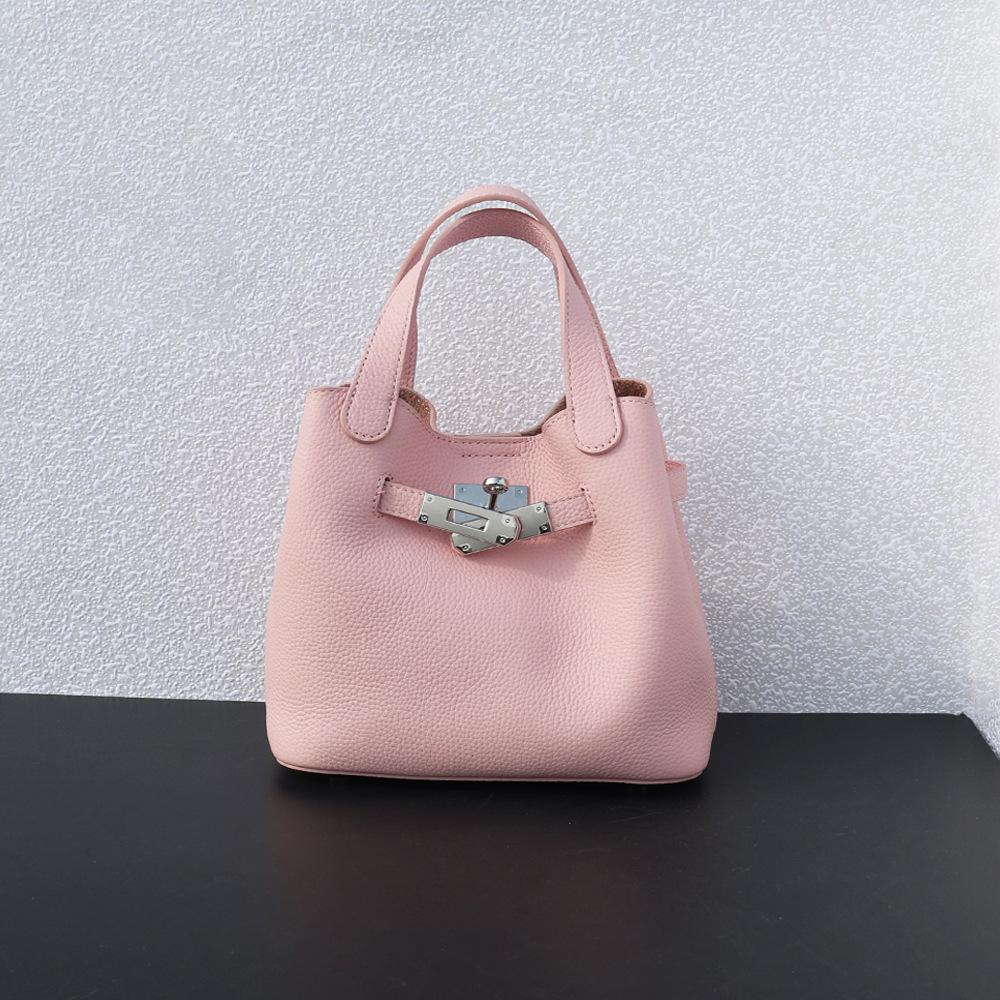 Top layer cowhide handbag genuine leather lychee pattern vegetable basket bag simple and lightweight versatile shoulder bag women's bag