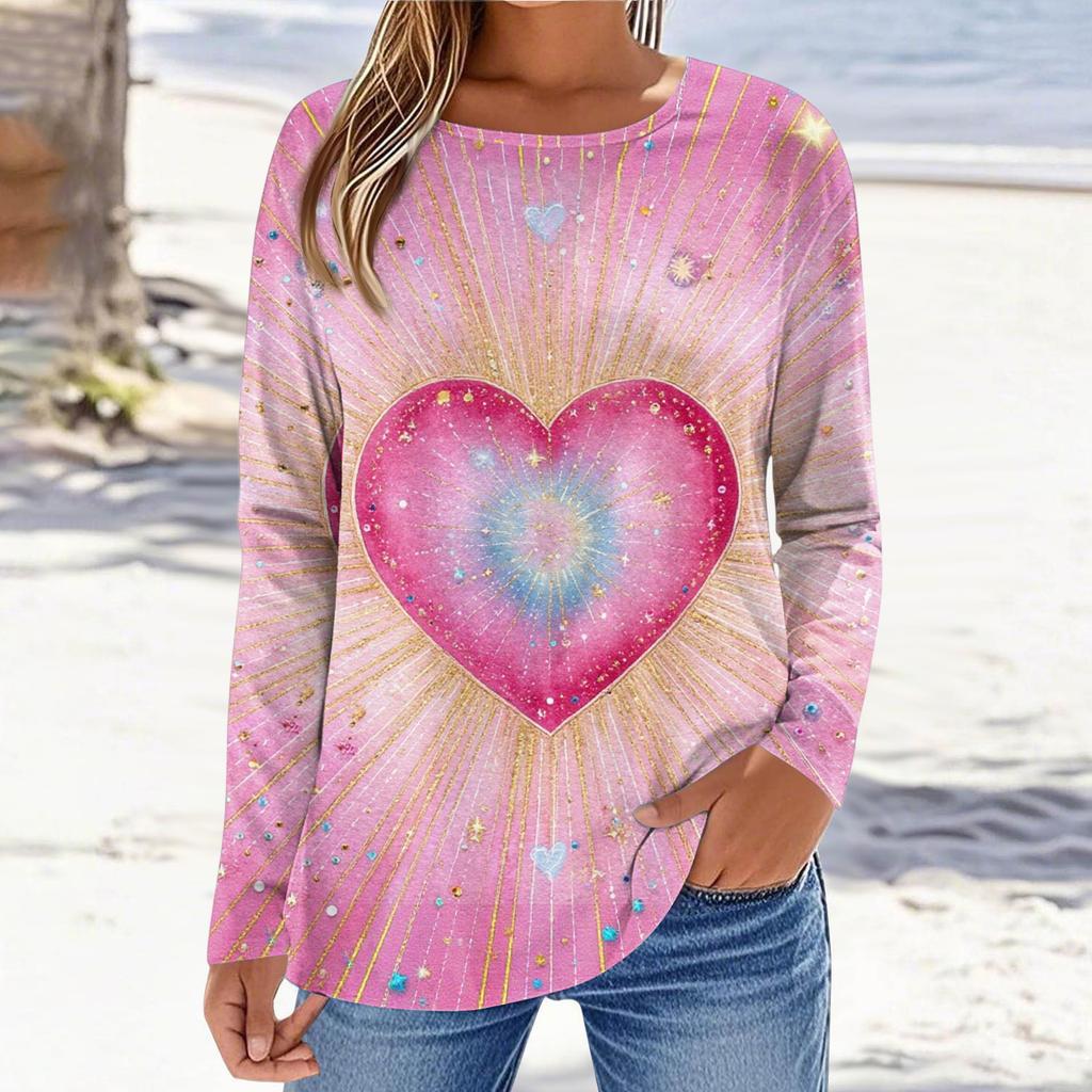 Women's Casual Long,sleeved Valentine's Day Printed Round Neck Top