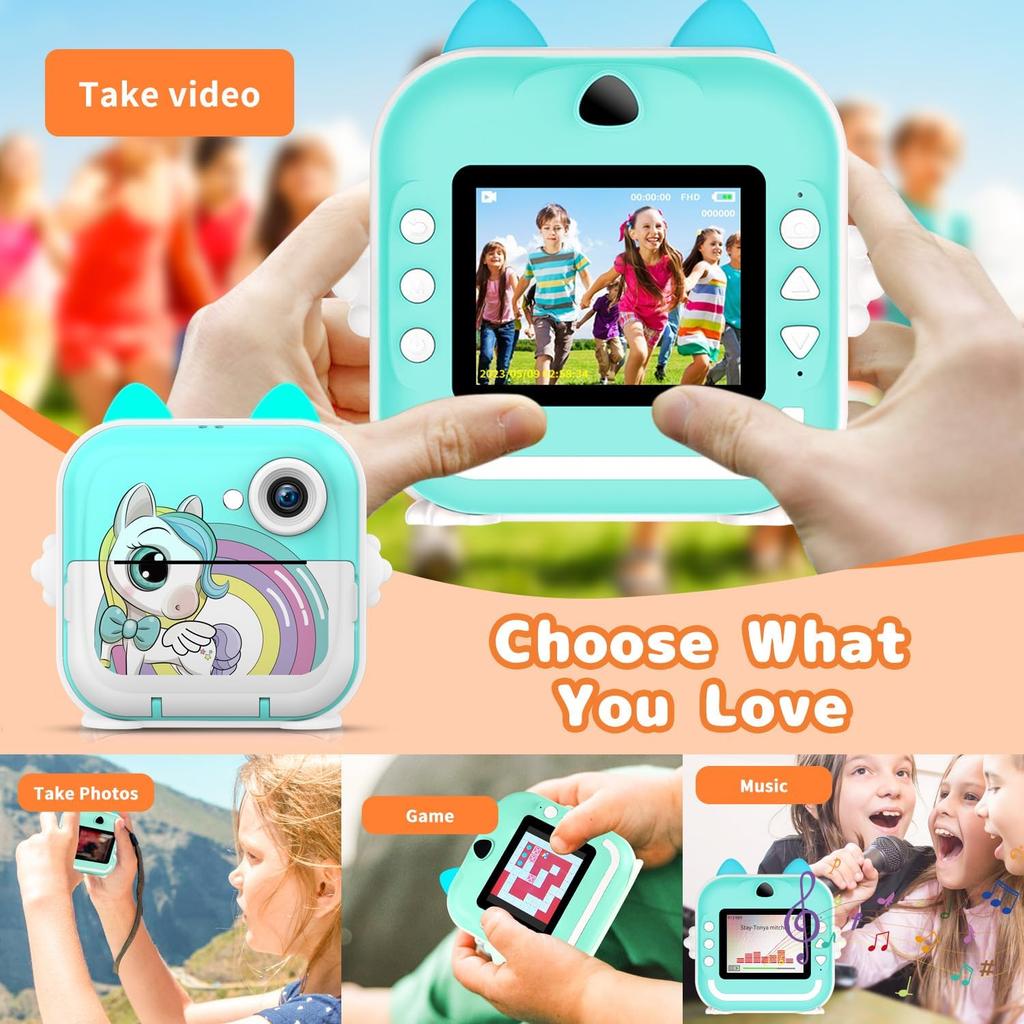 Instant Print Camera for Kids, Christmas Birthday Gifts for Girls Boys, Selfie Digital Camera with 1080P Videos, Portable Camera Toy for 4 5 6 7 8 9