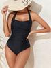 Charming Solid Color Halter Pleated Backless Tummy Control Bikini Swimsuit For Beach