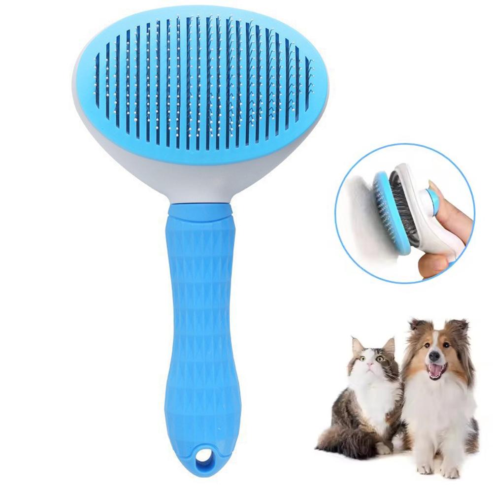 

One-Button Pet Hair Removal Brush Self Cleaning Slicker Comb for Dogs Cats Grooming Tool Massaging Needle Brush Pet Supplies синий