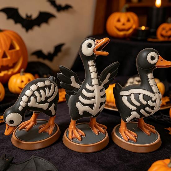 3Pcs Halloween Spooky Skeleton Goose Figurine, Miniature Skeleton Goose Resin Statue, Skeleton Animal Sculpture Desktop Ornament for Home, Office,