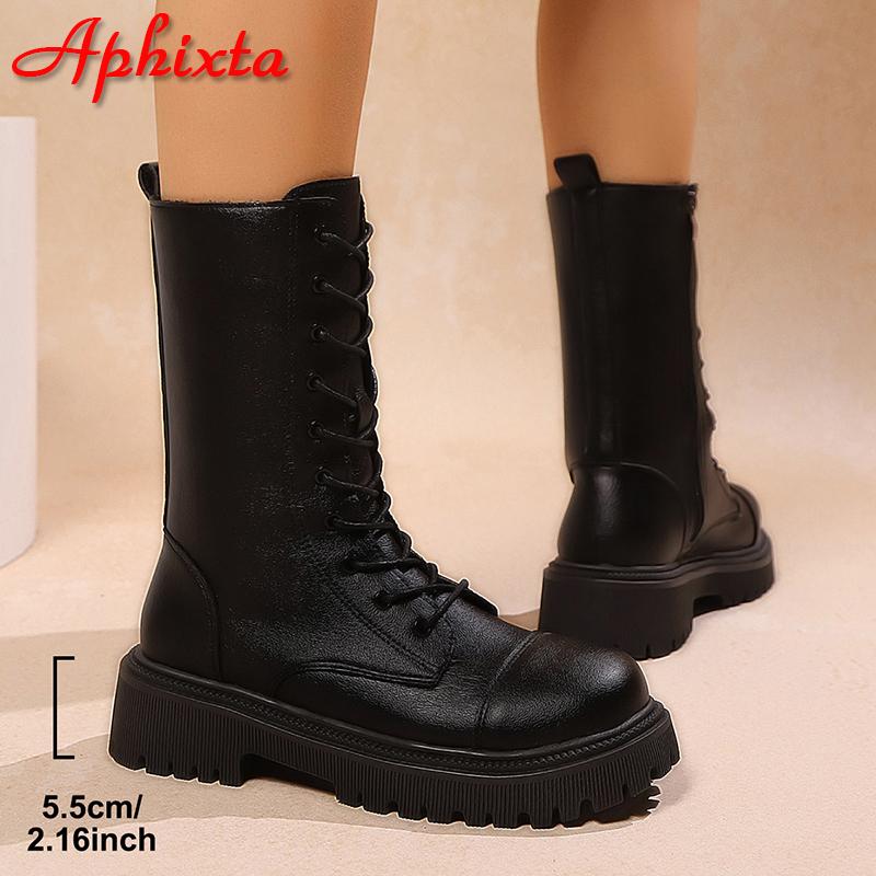 

Aphixta Mid-Calf Modern Boots 5.5cm Square Heel Totem Design Back Zip Woman Shoes Lace-up Round Toe Black Boots Big Size 43 35 чёрный