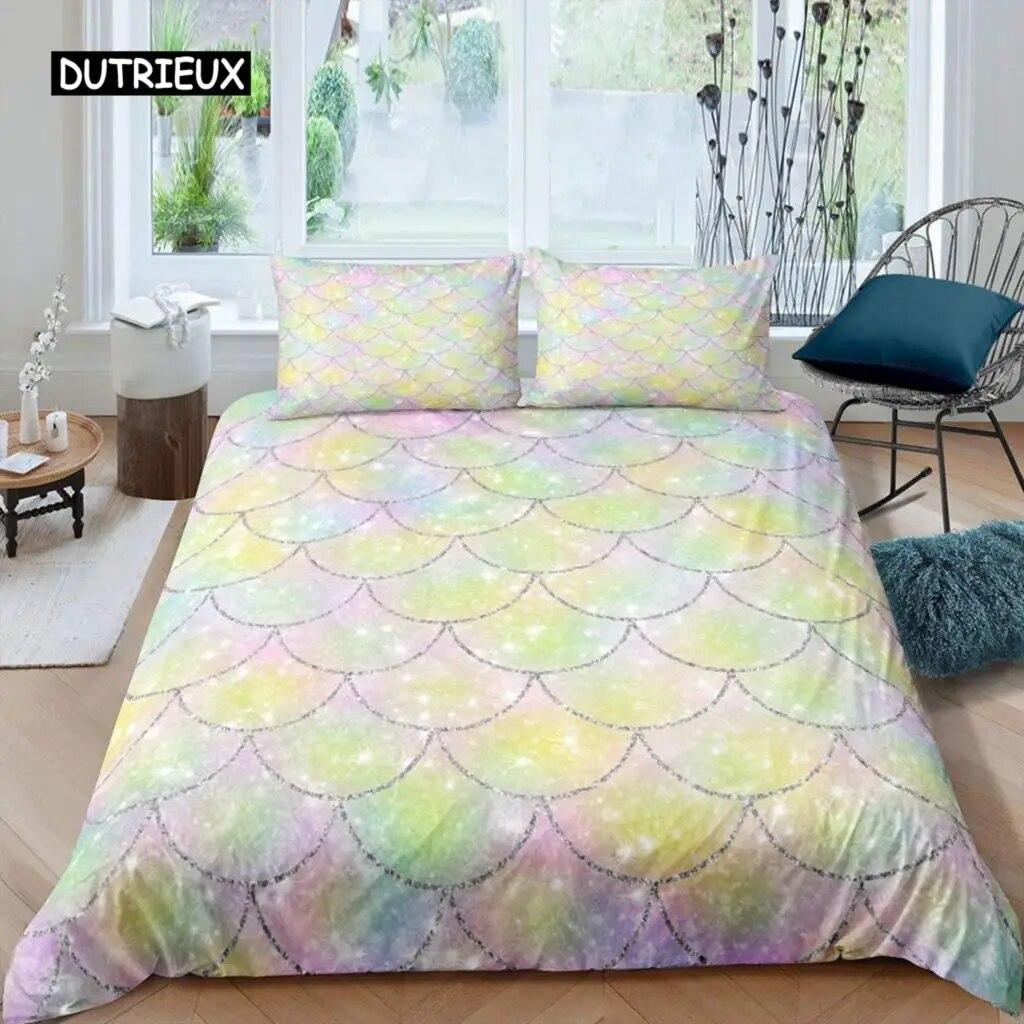 Fish Scales Duvet Cover Set Bedding Set Colorful Mermaid Scale Quilt Cover Pillowcase Queen Size Girls 2/3pcs Comforter Cover Three-piece Set