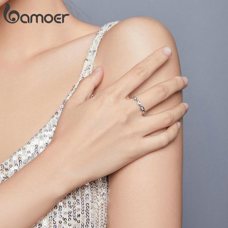 Bamoer Authentic 925 Sterling Silver Simple Lines CZ Pendant Finger Rings for Women Engagement Jewelry