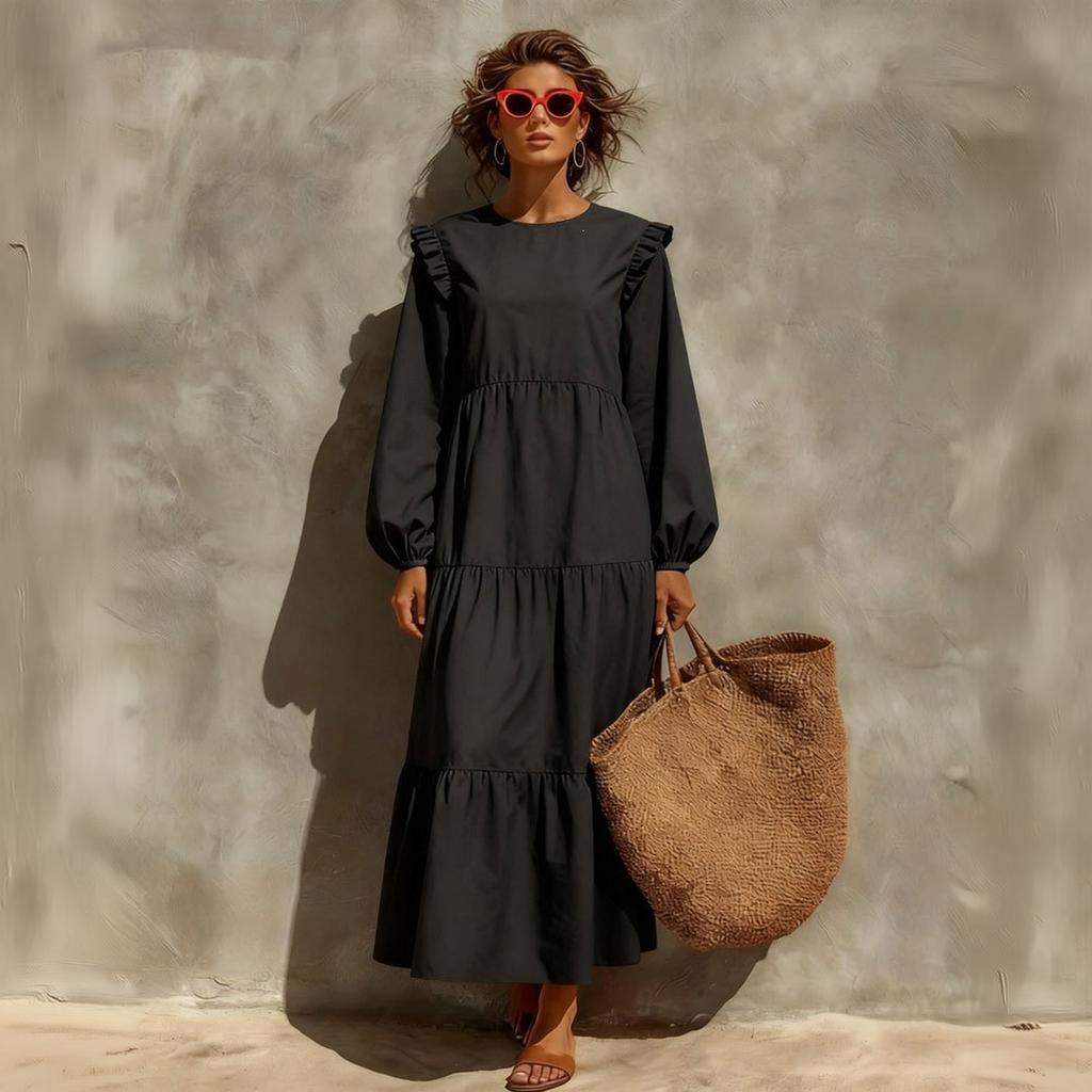 Women's Casual Long Sleeve Round Neck Loose Fit Color Dress for Everyday Wear