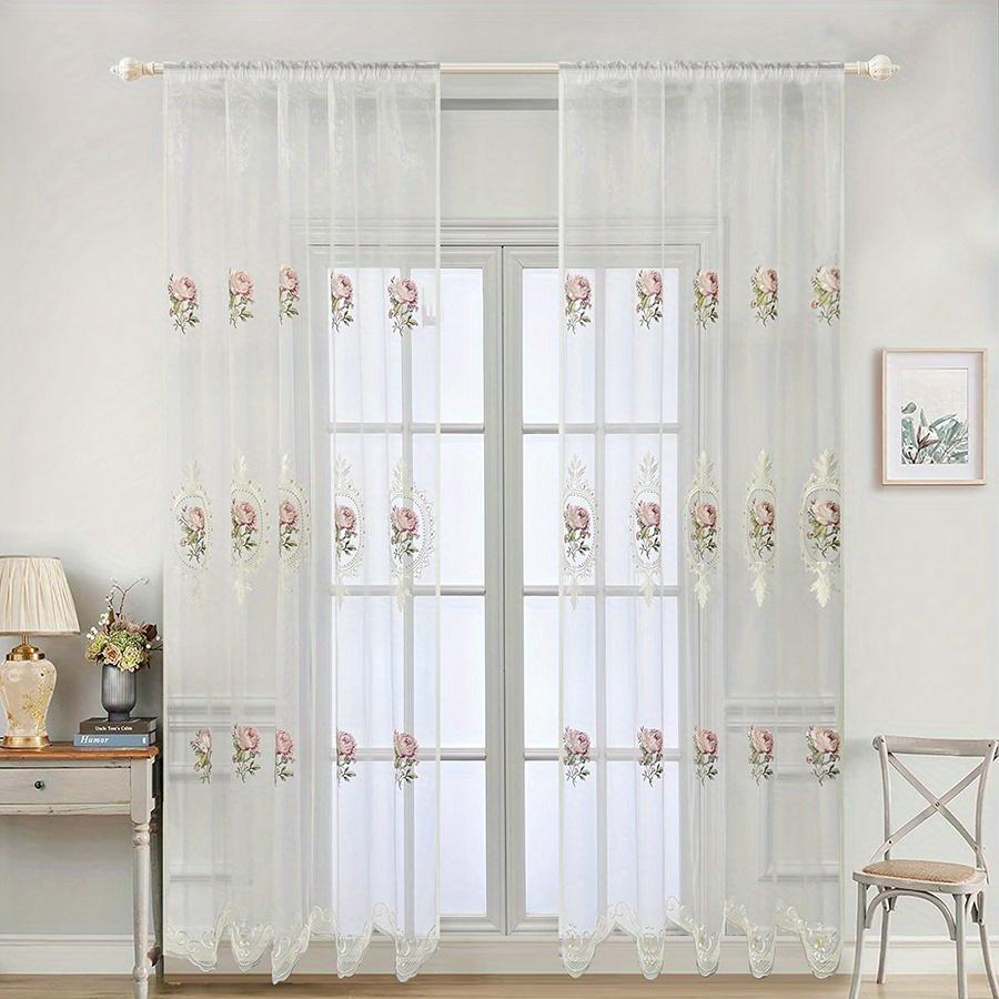 1pc Peony Embroidered Curtain Rod Pocket Curtain For Living Room, Bedroom French Pastoral Flower White Sheer Voile Drapes Home Decor